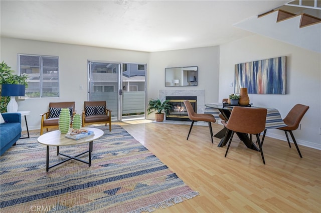 living room with a fireplace and hardwood / wood-style flooring