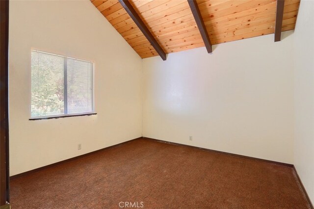 empty room with lofted ceiling with beams, wood ceiling, and dark carpet