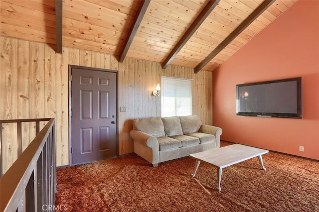 unfurnished living room with lofted ceiling with beams, wood ceiling, wood walls, and carpet flooring