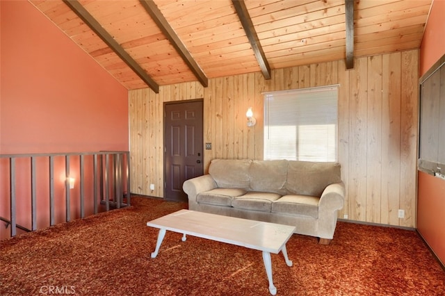 living room featuring wooden ceiling, carpet flooring, wood walls, and vaulted ceiling with beams