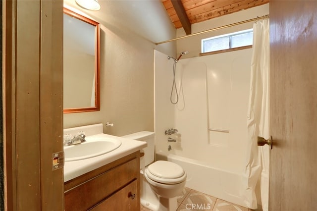 full bathroom featuring wooden ceiling, shower / tub combo, tile patterned floors, vaulted ceiling with beams, and vanity