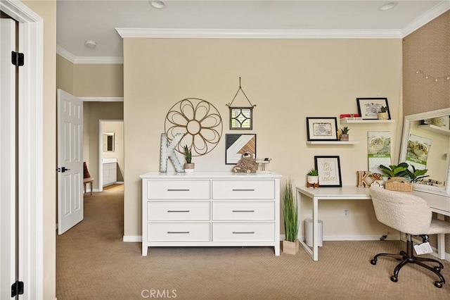 carpeted office with crown molding