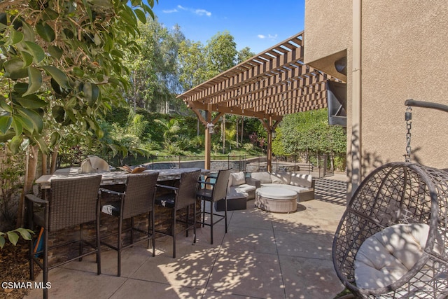 view of patio with an outdoor hangout area, a pergola, and a bar