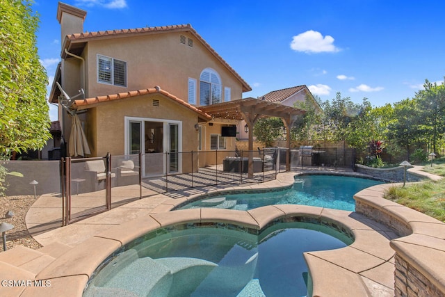 view of pool with a pergola, a patio area, and an in ground hot tub