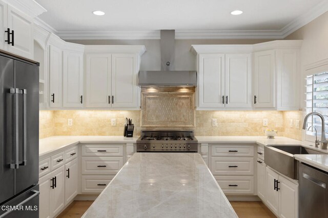 kitchen featuring white cabinets, appliances with stainless steel finishes, wall chimney exhaust hood, tasteful backsplash, and sink