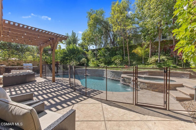 view of pool featuring an outdoor living space, a patio area, an in ground hot tub, pool water feature, and a pergola