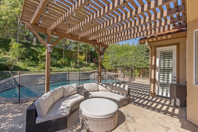 view of patio with a pergola, outdoor lounge area, and a fenced in pool