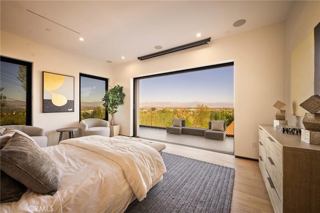 bedroom with multiple windows, access to exterior, and light hardwood / wood-style flooring