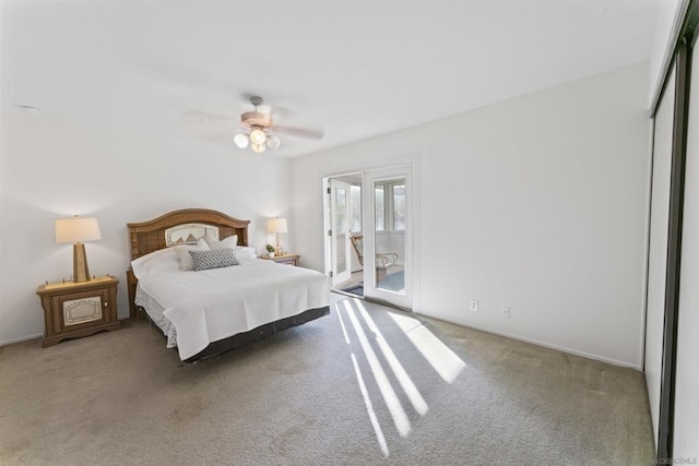 bedroom with ceiling fan, carpet, and access to outside