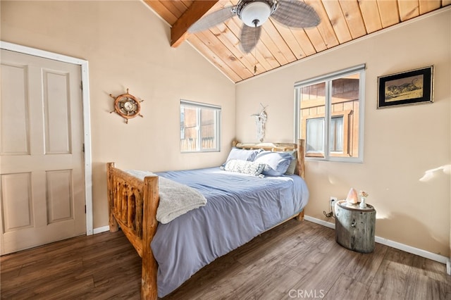 bedroom featuring wood ceiling, lofted ceiling with beams, baseboards, and wood finished floors