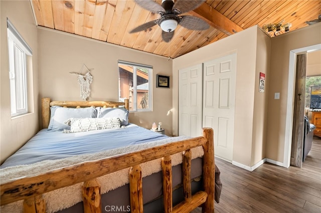 bedroom featuring multiple windows, wood ceiling, baseboards, and dark wood-style flooring