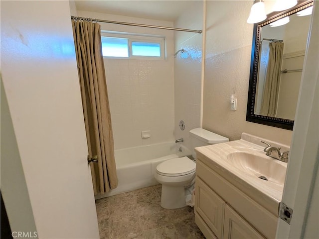 full bathroom featuring toilet, vanity, and shower / bathtub combination with curtain