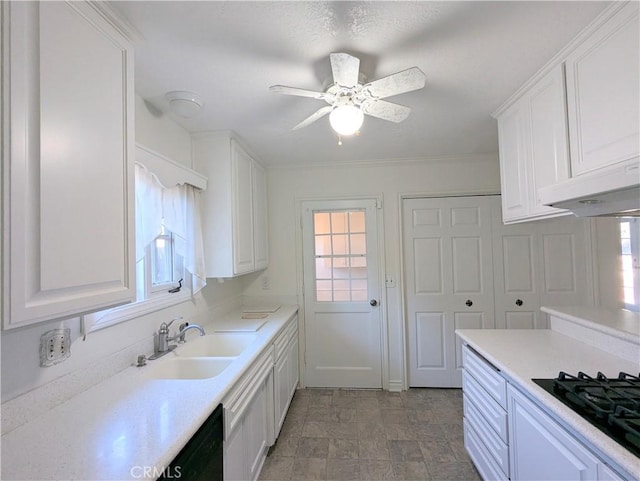 kitchen featuring a sink, black appliances, white cabinets, and light countertops