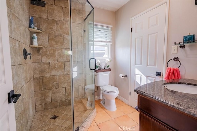 bathroom featuring toilet, tile patterned flooring, vanity, and walk in shower