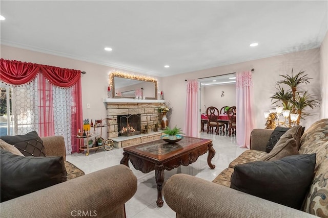 tiled living room featuring a fireplace