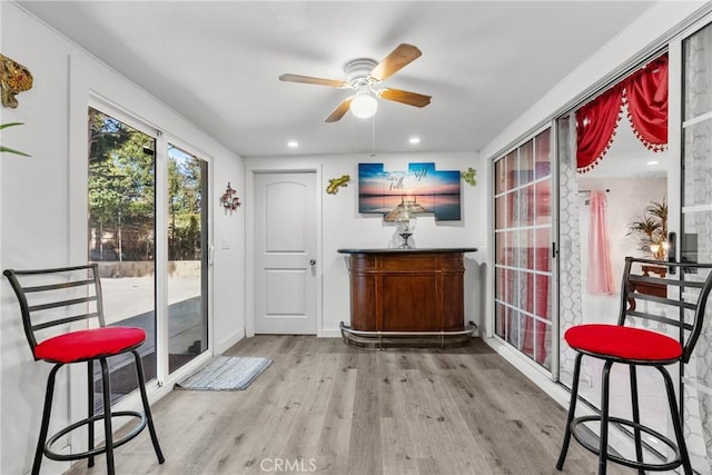 bar with ceiling fan and light hardwood / wood-style flooring