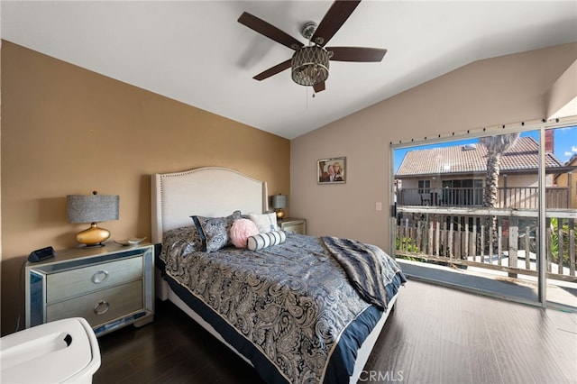 bedroom with hardwood / wood-style flooring, ceiling fan, vaulted ceiling, and access to outside