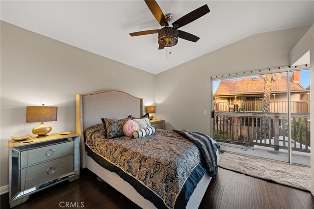 bedroom featuring access to exterior, dark wood finished floors, vaulted ceiling, and ceiling fan