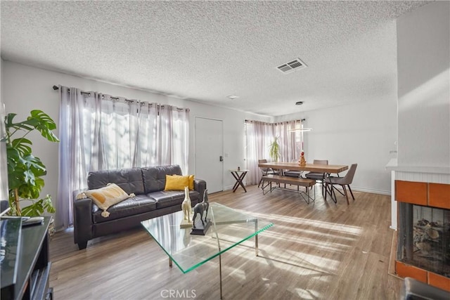 living room with hardwood / wood-style floors and a textured ceiling