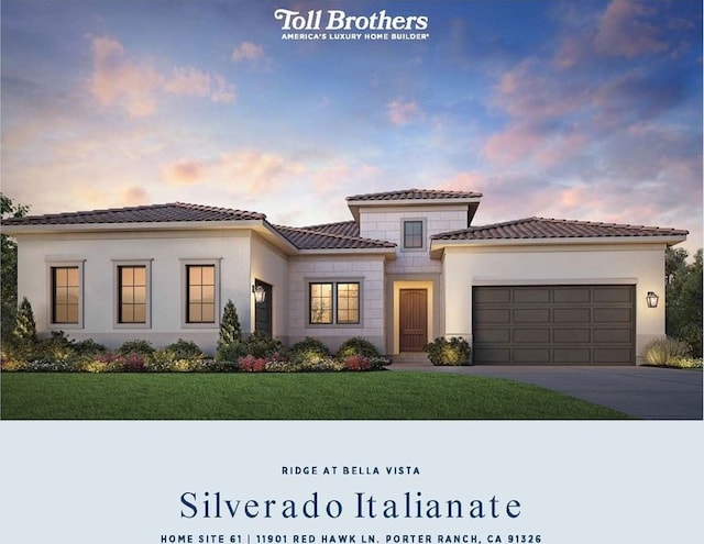 11901 Red Hawk Ln, Porter Ranch, CA 91326 - mediterranean / spanish-style house with a lawn and a garage