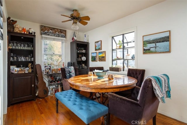 dining area with ceiling fan and hardwood / wood-style floors