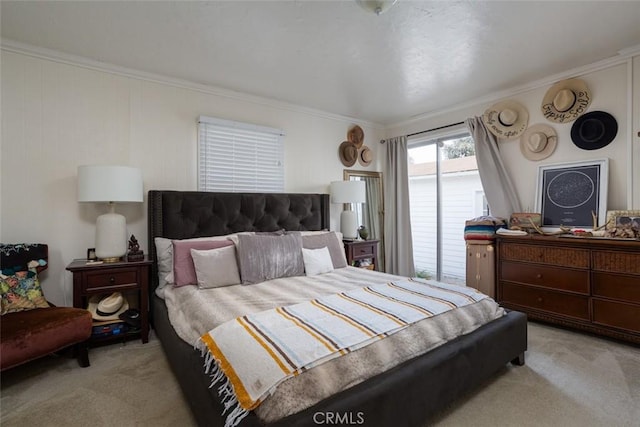 bedroom with light carpet and crown molding