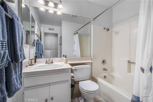 full bathroom with toilet, shower / bath combination with curtain, and vanity