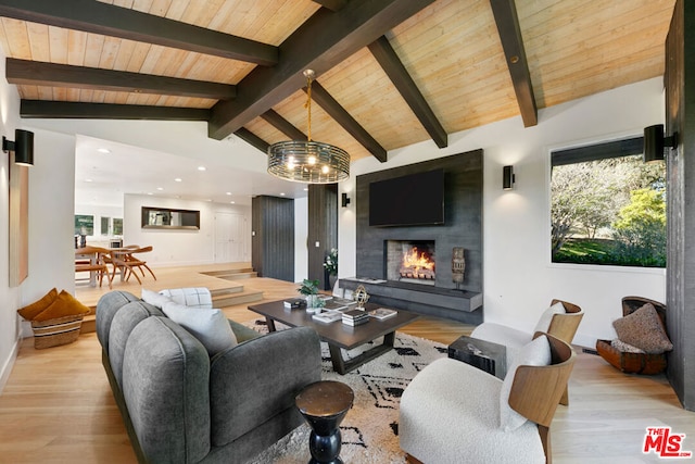 living room with lofted ceiling with beams, wood ceiling, and light wood-type flooring