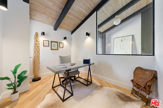 office featuring wood-type flooring, wood ceiling, and vaulted ceiling with beams