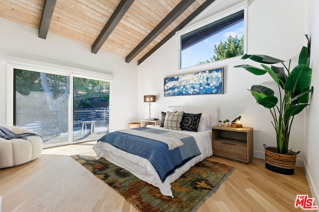 bedroom with access to outside, beam ceiling, wood ceiling, and hardwood / wood-style floors