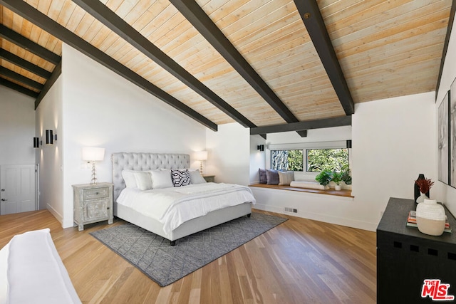 bedroom featuring vaulted ceiling with beams, hardwood / wood-style flooring, and wooden ceiling