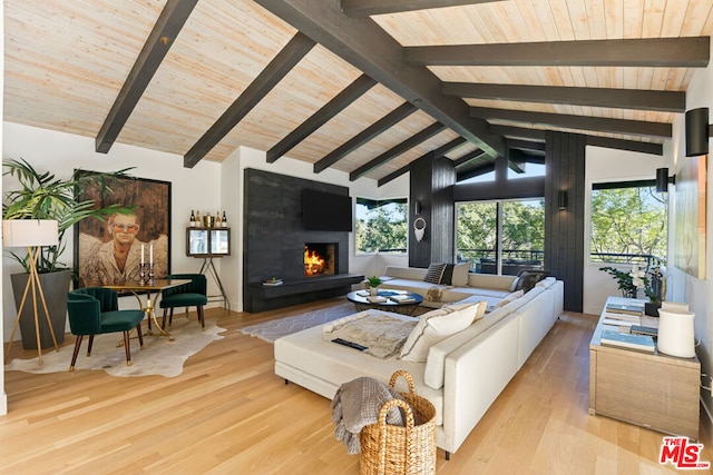 living room with a fireplace, light hardwood / wood-style floors, wooden ceiling, and beamed ceiling