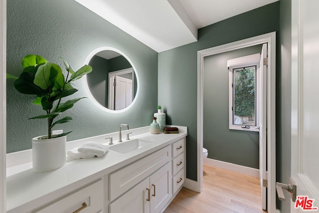 bathroom with toilet, hardwood / wood-style flooring, and vanity