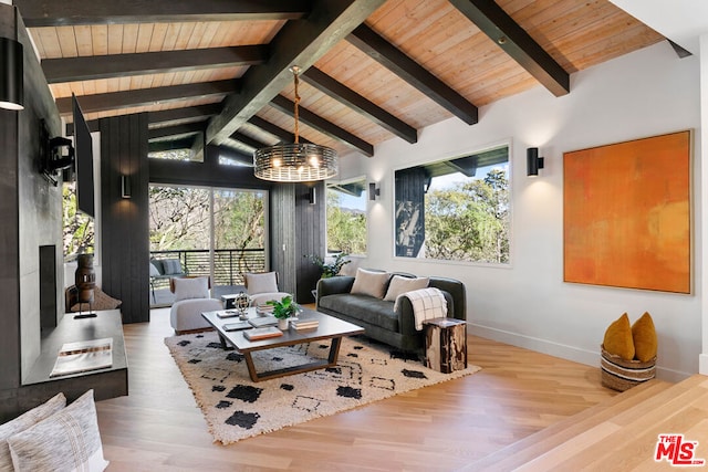 living room featuring light hardwood / wood-style floors, beam ceiling, high vaulted ceiling, a chandelier, and wooden ceiling