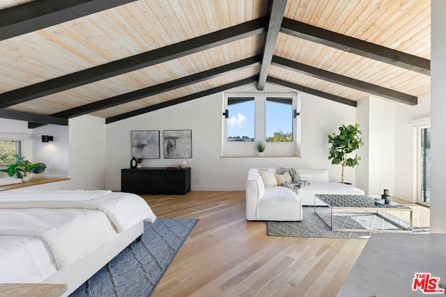 bedroom with wooden ceiling, lofted ceiling with beams, multiple windows, and light hardwood / wood-style flooring