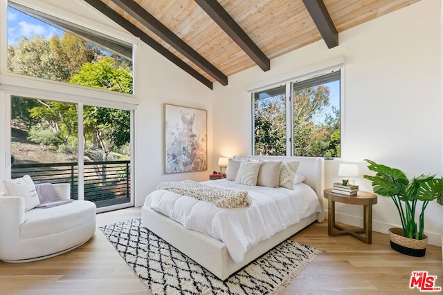 bedroom featuring access to outside, beam ceiling, high vaulted ceiling, and light hardwood / wood-style flooring