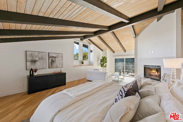 bedroom featuring vaulted ceiling with beams, wood ceiling, and light wood-type flooring