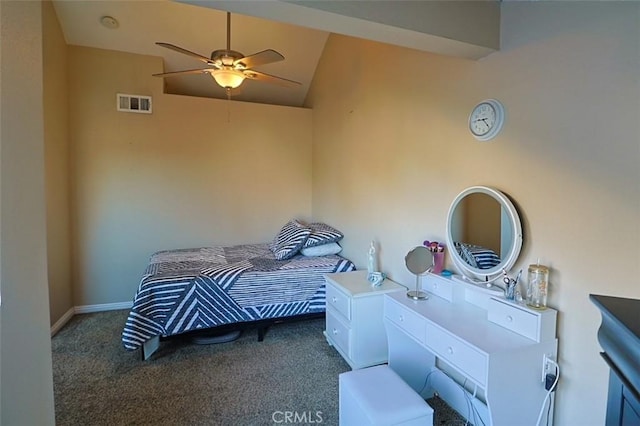 carpeted bedroom with lofted ceiling and ceiling fan