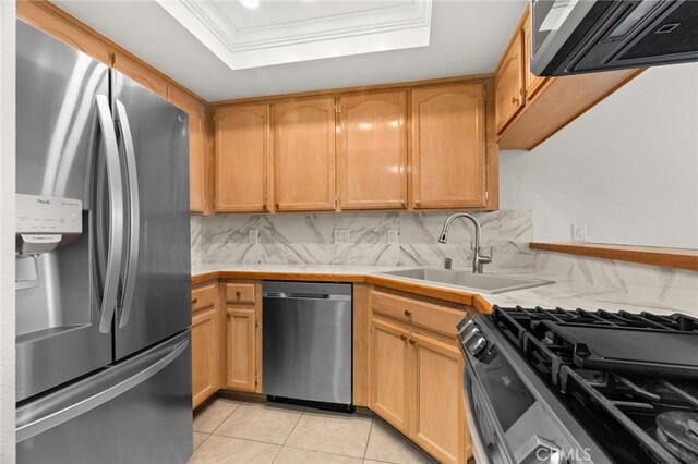 kitchen featuring appliances with stainless steel finishes, ornamental molding, decorative backsplash, a tray ceiling, and sink