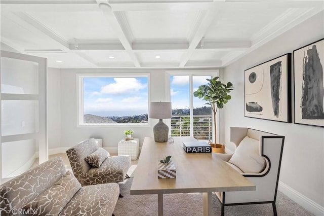 carpeted home office featuring coffered ceiling and beamed ceiling