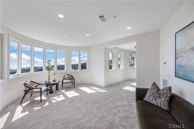 living area featuring light colored carpet and plenty of natural light