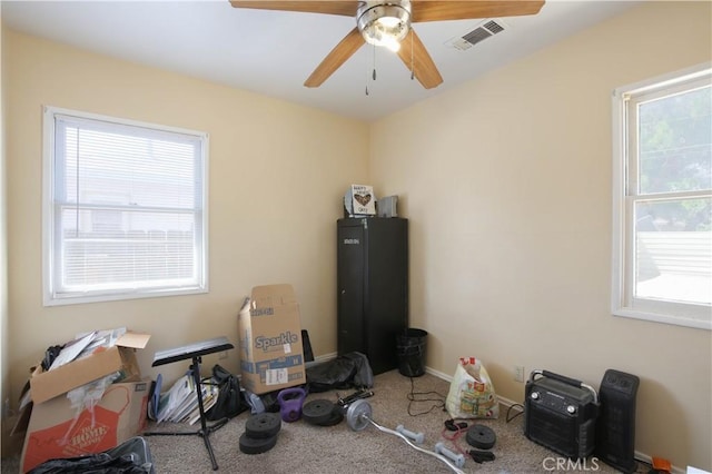 miscellaneous room with ceiling fan and carpet