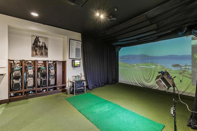 game room with golf simulator and carpet floors