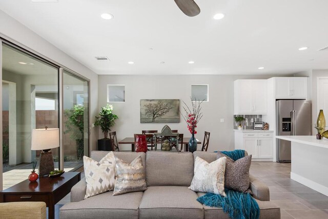 living room featuring ceiling fan