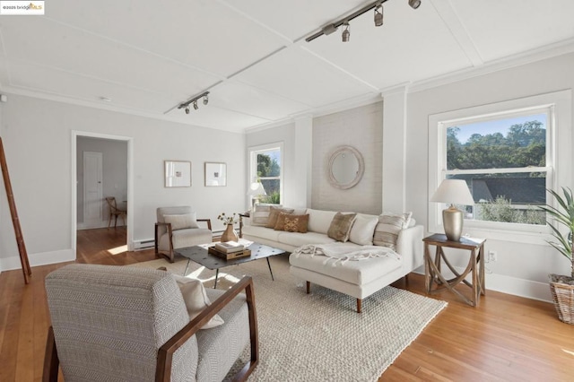 living room with ornamental molding, track lighting, a baseboard heating unit, and hardwood / wood-style flooring