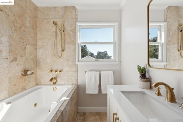 bathroom with vanity, tiled shower / bath combo, and crown molding