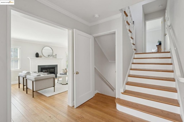 stairway featuring ornamental molding and wood-type flooring