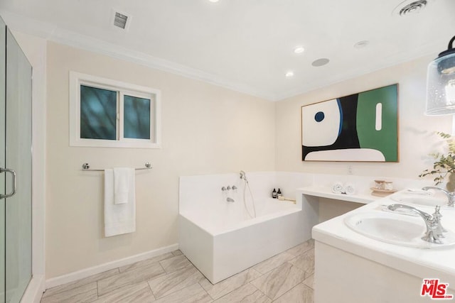 bathroom featuring plus walk in shower, ornamental molding, and vanity