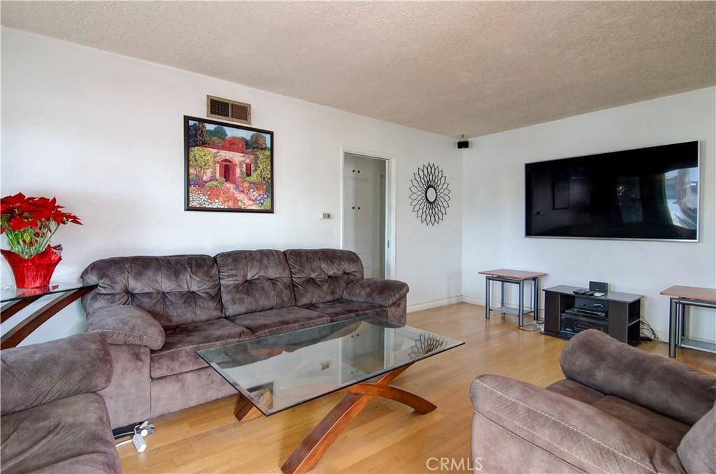 living room with hardwood / wood-style flooring and a textured ceiling