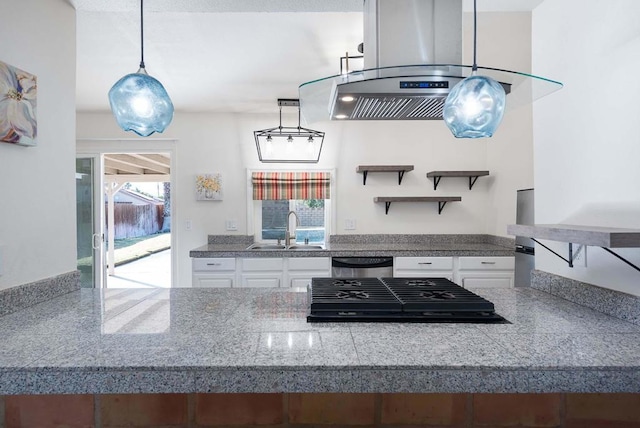 kitchen with white cabinetry, black gas cooktop, hanging light fixtures, stainless steel dishwasher, and sink